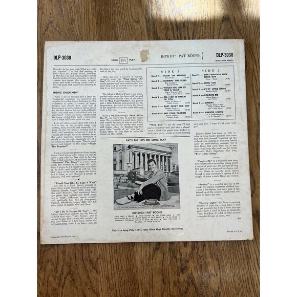 "Howdy!" By Pat Boone Vinyl Record 33 1/3 RPM Dot DLP-3030 Vintage 1950s - Picture 5 of 5